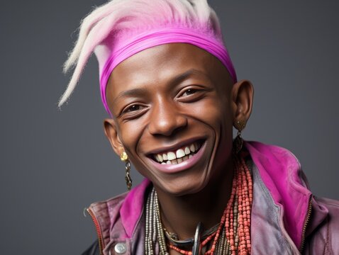 A man with pink hair and a pink bandana is smiling
