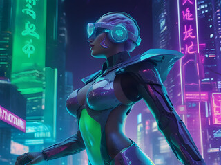 a woman in a futuristic outfit is standing in front of a neon sign