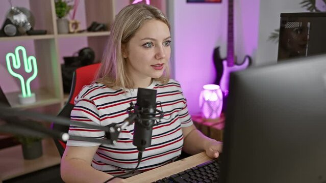 Oops! young, beautiful blonde woman streamer hits crisis point forgetting her gaming move. hand to head, regret floods her in the dark gaming room.