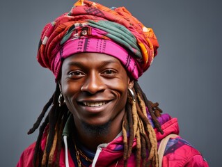 A man with dreadlocks and a colorful head scarf is smiling