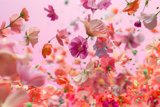 Abstract explosion of many colorful flowers and petals on a uniform background.