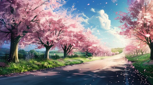 Blossoming Cherry Trees Lining a Sunny Urban Road