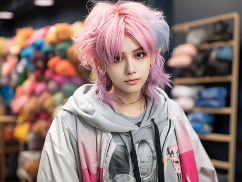 A girl with pink and blue hair poses for a picture in front of a rack of yarn