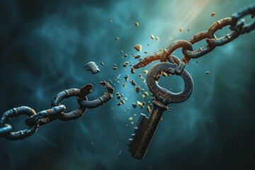 A broken chain breaking away from the key, symbolizing freedom and struggle for happiness on a dark blue background. - obrazy, fototapety, plakaty