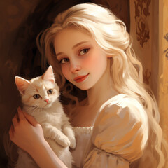 Drawn painting style illustration of a cute smiling young blonde girl with flowing long hair holding a kitten. AI generated.
