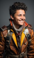 Obraz premium A woman in a leather jacket and scarf is smiling