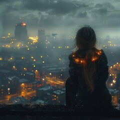 Fototapeta premium A woman is immersed in the atmospheric phenomenon of darkness while sitting on a rock, reading a book in the depths of a dark forest. The landscape is serene and mysterious See Less