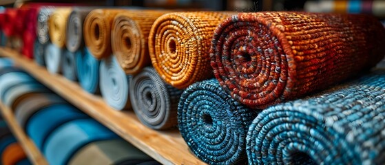 Assortment of Rolled Carpets on Display in a Home Decor Store. Concept Home Decor, Interior Design, Carpets, Display, Store Display - obrazy, fototapety, plakaty