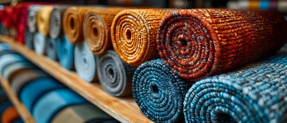 Fotobehang Assortment of Rolled Carpets on Display in a Home Decor Store. Concept Home Decor, Interior Design, Carpets, Display, Store Display © Anastasiia