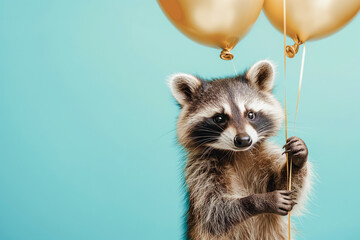 Fototapeta premium Cute Raccoon animal holding a bunch of golden balloons on a bright blue pastel background. Birthday party vibes, vibrant colors.