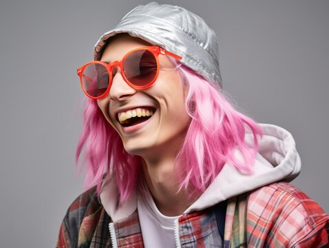 A man with pink hair and red sunglasses is smiling