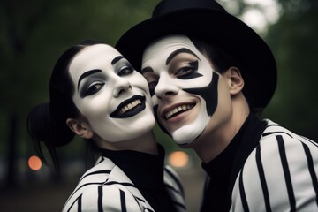 Couple of joyful mimes of a man and a woman in the park.