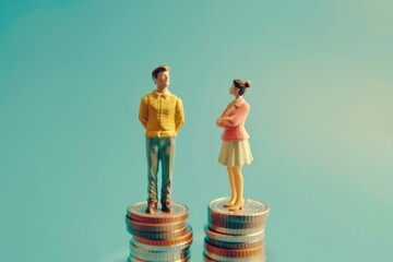 Male and female figurines standing on top of columns of coins. Wage gap concept illustration.