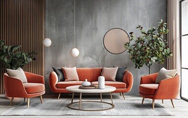 Modern interior design of a living room with a sofa, armchair and coffee table against a grey wall background