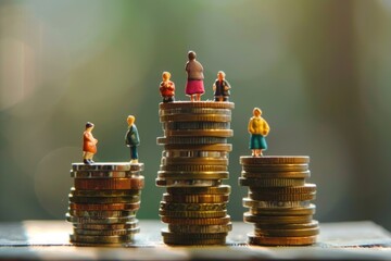 Miniature people on coins depict social class and inequality.