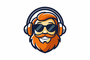 A music company Logo: a smiling dude with orange beard and sunglasses and headphones, ink style, white background