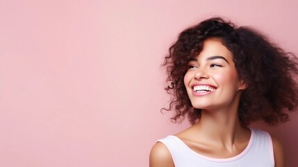 Universal photorealistic banner with a girl smiling with beautiful white teeth, close-up on a pink plain background, close-up with space to insert text