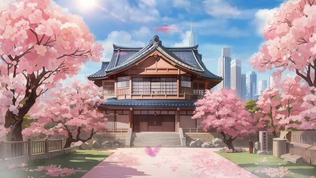 Cherry Blossom Serenity at Japanese Shrine: 4k Video in Stunning Detail.
