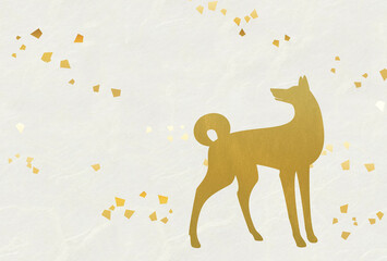  金色の秋田犬　和紙、金箔散らし　戌年　年賀状デザイン