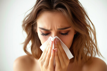 Young woman with flu symptoms blowing her nose into a tissue. - obrazy, fototapety, plakaty