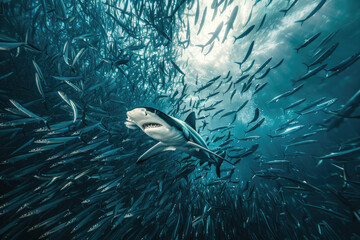A hammerhead shark swimming through the middle of a swirling school of sardines - obrazy, fototapety, plakaty