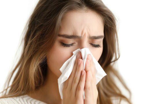 Young woman with flu symptoms blowing her nose into a tissue.