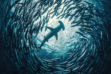 A hammerhead shark swimming through the middle of a swirling school of sardines