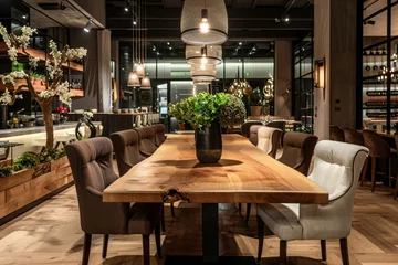 Foto op Canvas Elegant dining room with long wooden table, stylish chairs, and ambient lighting for sophisticated meals. © ZUBI CREATIONS