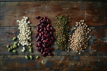 Selection of bean types, wood background, top view