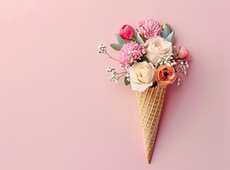 A minimalistic ice cream cone with a floral arrangement on a pastel pink background in a top view, flat lay