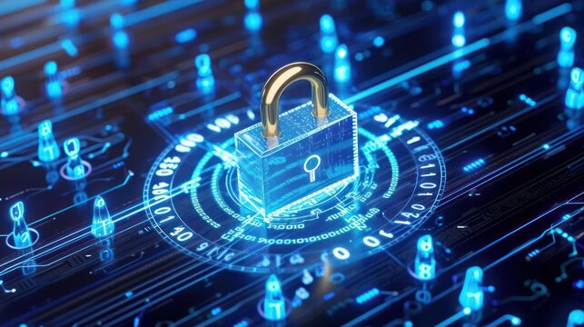 visual metaphor of genetic cybersecurity, featuring a shielded lock surrounded by binary code, emphasizing the essential role of encryption