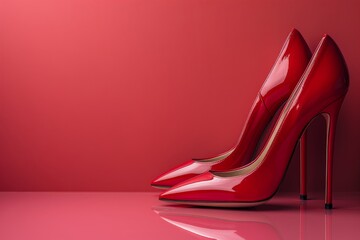 Banner or background with red women's high heel shoes, copy space - obrazy, fototapety, plakaty