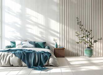 A modern bedroom with striped wallpaper, wooden furniture and turquoise bed linens on the floor