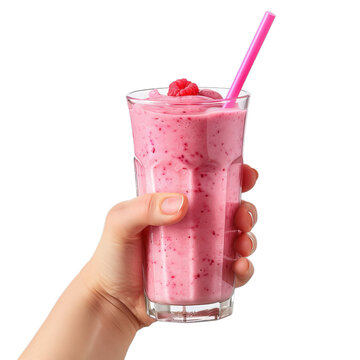 strawberry smoothie in glass hand holding on transparent background PNG 