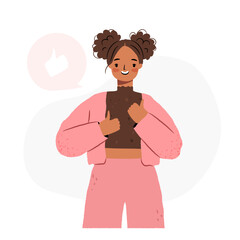 Hand drawn happy girl with thumbs up gesture. African American woman 
