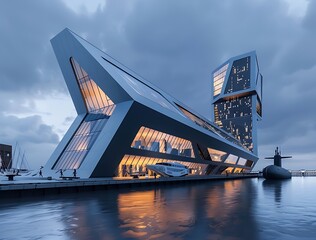 A modern building in the shape of an arch, located on Lake Glory and connected to two buildings with glass walls, featuring geometric shapes and triangular elements, situated at Dutch Beach Seafront