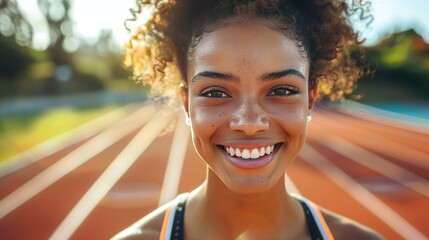 Smiling young athlete training for the olympics, sports team, outdoor training, active lifestyle, positive, fitness, and health. - obrazy, fototapety, plakaty