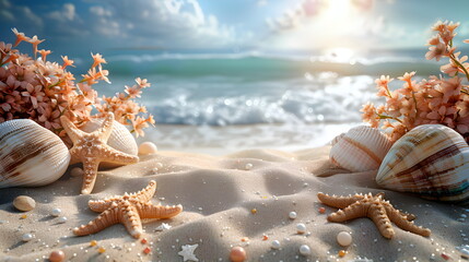 Seashells on a summer beach. Soft Wave Of Blue Ocean On Sandy Beach. Background. - obrazy, fototapety, plakaty