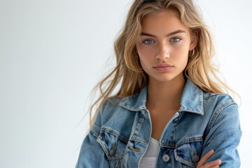 Blue-eyed young woman in denim jacket, natural light, casual beauty portrait. Isolated on white background. Model. Powerful Women.