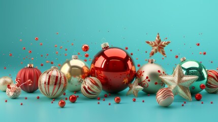 Assorted red, green, and gold Christmas ornaments, including glass balls, stars, candies, isolated on turquoise blue backgrounds. A festive wallpaper.