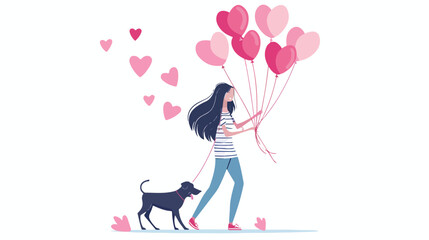 Fototapeta premium Young woman with pink balloons and dog Flat
