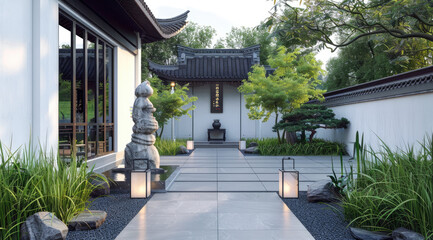A modern courtyard with Japanese-style elements, featuring white walls and black tiles.