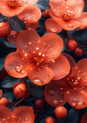 Wet Orange Flowers and Blue Leaves