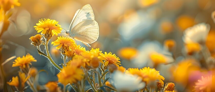 Joyful, carefree springtime photo of yellow Santolina flowers and butterflies attracted in a fuzzy outdoor setting over a clear day and space, Generative AI.