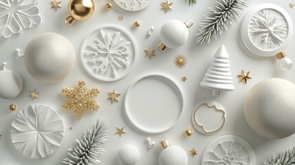 Assorted round Christmas labels with festive clip art in white and gold. Holiday stickers in 3D.