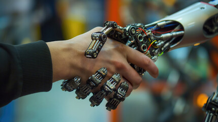 Man shaking hands with robot with vision of the future.