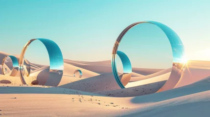 Selbstklebende Fototapeten An abstract fantastic panorama background with round mirrors among desert sand dunes. Landscape under a clear blue sky. Minimal aesthetic wallpaper in a modern style. © Mark