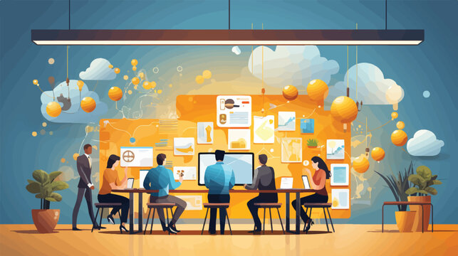 web designer teams working together in a meeting room adorned with social media icons. teams immersed in brainstorming sessions on UX UI projects. 