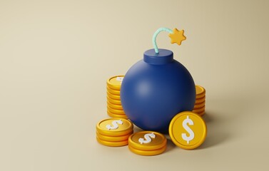 Symbolizing Financial Obligations, Money Bag and Bomb Icon for Debt Awareness. 3D render.