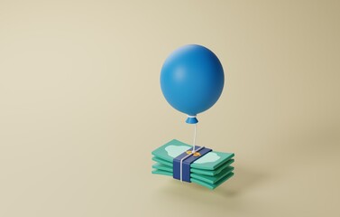 Economic realities, balloon tied with banknote icon for inflation financial. 3D render.